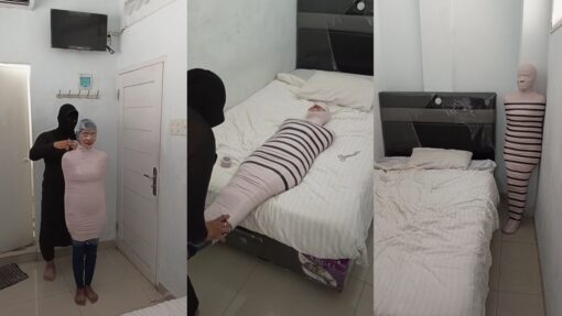 [RM164] A Girl Tries To Become A Mummy With Duct Tape For The First Time In Her Bedroom