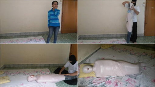 [RM010] A girl struggles to get off the tape all over her body