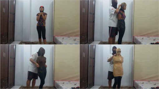 [RM028] (Clip) A girl wrapped in cardboard duct tape in the bedroom