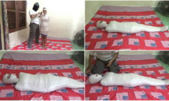 [RM032] A girl is wrapped up in a mummy openly and gets breathplay