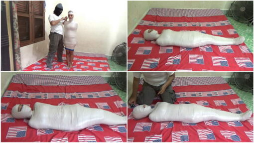[RM032] A girl is wrapped up in a mummy openly and gets breathplay