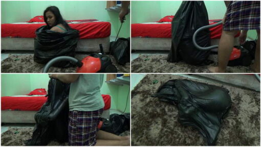[RM060] A girl is vacuumed in black trash plastic so she can't breathe
