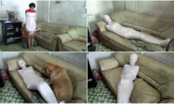 [RM066] A Filipino Chinese girl wrapped in a mummy accompanied by her boyfriend and pet