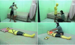 [RM082] Beautiful girl mummified in 2 layers of duct tape to become a yellow power ranger