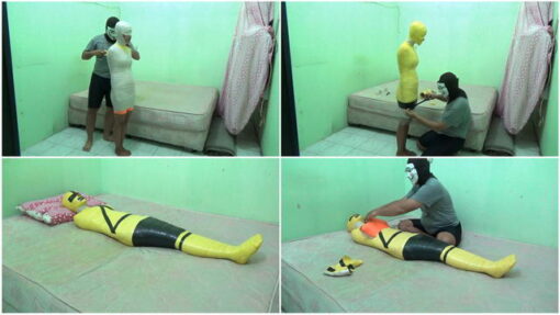 [RM082] Beautiful girl mummified in 2 layers of duct tape to become a yellow power ranger