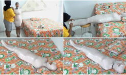 [RM096] Beautiful girl wrapped into a mummy with her eyes kept open and she get breathplay