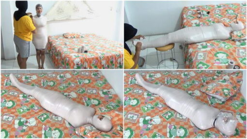 [RM096] Beautiful girl wrapped into a mummy with her eyes kept open and she get breathplay