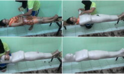 [RM097] A beautiful girl wearing glasses is mummified tightly on a log