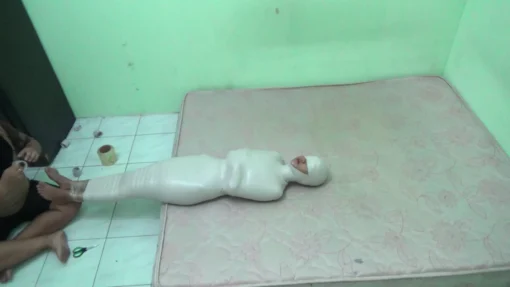 [RM098] Beautiful Girl Mummified In Room Then Decorated With Hello Kitty Stickers Then Stimulated With Vibrator - Image 3
