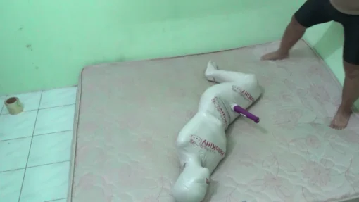 [RM098] Beautiful Girl Mummified In Room Then Decorated With Hello Kitty Stickers Then Stimulated With Vibrator - Image 5