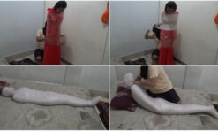 [RM108] In the bedroom, this girl is wrapped in a blanket and then in tight duct tape