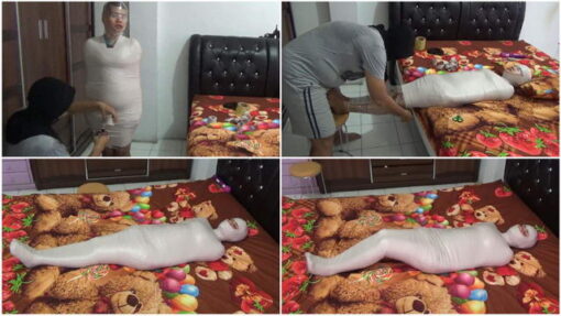 [RM111] This beautiful girl tries to be wrapped as a mummy for the first time with her eyes uncovered