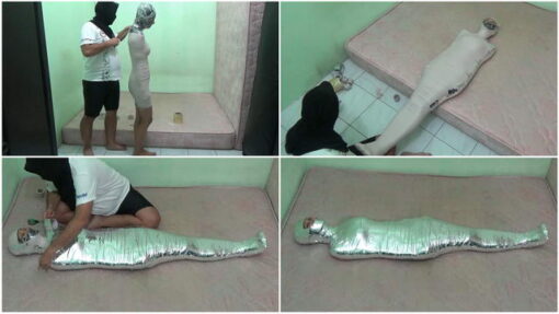 [RM112] Beautiful Girl In Swimsuit Wrapped Tightly Into A Mummy In 2 Layers Of Duct Tape