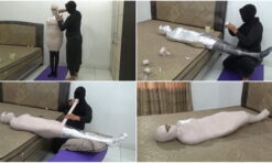 [RM118] Beautiful Pakistani girl is wrapped into a mummy with 3 layers of duct tape until her body is stiff