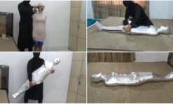 [RM119] A beautiful girl 150 cm tall the mummification with 2 layers of duct tape