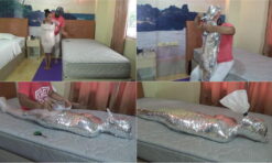 [RM121] Cocoa-Soft Collaboration: Girl 150 cm mummified with 2 layers of tape and only breathes from a small tube