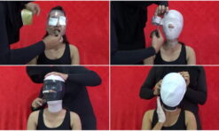 [RM128] CloseUp : head and palms wrapped, this girl is not breathing