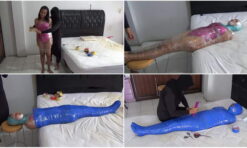 [RM130] Beautiful girl in sexy swimsuit mummified in 2 layers of tape and vibrator stimulated