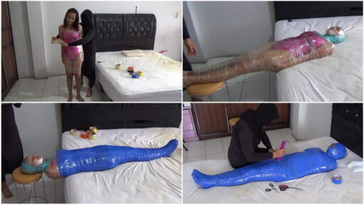 [RM130] Beautiful girl in sexy swimsuit mummified in 2 layers of tape and vibrator stimulated