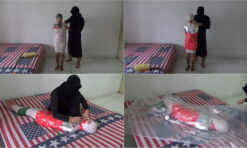 [RM140] A girl is tightly wrapped in 2 layers and 3 different duct tapes