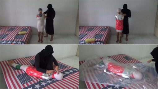 [RM140] A girl is tightly wrapped in 2 layers and 3 different duct tapes