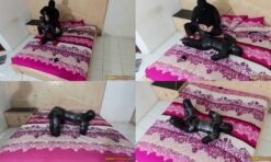 [RM153] This Girl Was Wrapped Tightly in Black Plastic And Transparent Duct Tape in Frogtied Pose Like a Pet