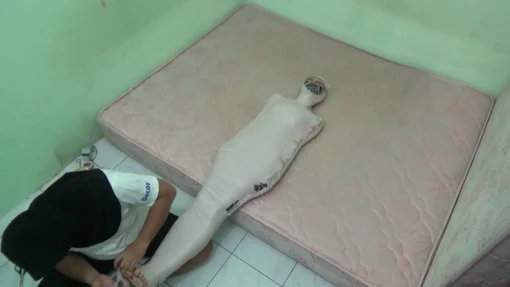 [RM112] Beautiful Girl In Swimsuit Wrapped Tightly Into A Mummy In 2 Layers Of Duct Tape - Image 3