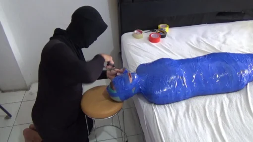 [RM130] Beautiful girl in sexy swimsuit mummified in 2 layers of tape and vibrator stimulated - Image 6