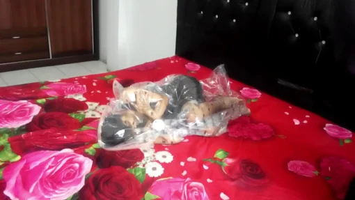 [RM131] Beautiful girl does not move and does not breathe in vacuum plastic - Image 4