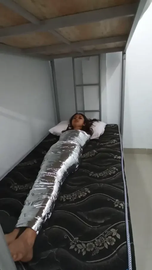 [RM158] A Beautiful Girl Was Mummified With White Duct Tape Then Wrapped Tightly To A Bed Post - Image 5