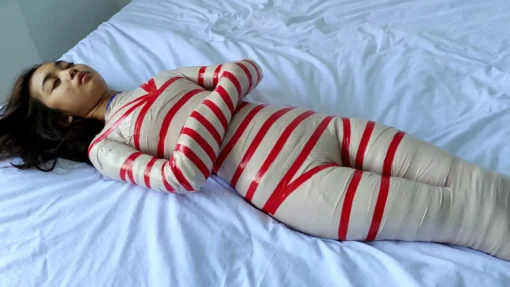 [RM159] A beautiful girl who is only 150 cm tall is wrapped into a mummy with white duct tape with both hands wrapped together in front