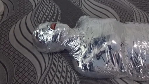 [RM169] Pakistani Girl Wrapped Tightly In Chrome Tape & Breath Restricted Until She Struggles & Crying To Submit - Image 5