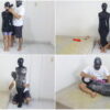 [RM056] A girl is mummified in black vet tape and covered with cling wrap