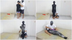 [RM056] A girl is mummified in black vet tape and covered with cling wrap