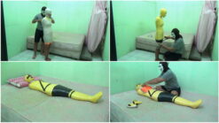 [RM082] Beautiful girl mummified in 2 layers of duct tape to become a yellow power ranger
