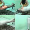 [RM099] A girl in an orange swimsuit is mummified on wood and breathplay