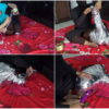 [RM132] A girl is wrapped tightly in a difficult Sitting position with chrome duct tape