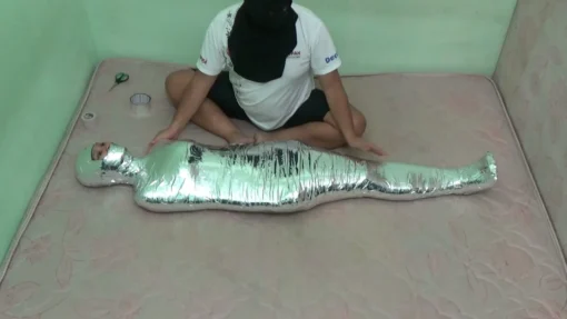 [RM112] Beautiful Girl In Swimsuit Wrapped Tightly Into A Mummy In 2 Layers Of Duct Tape - Image 5