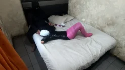 [RM167] This girl is wrapped in black PVC tape in a butterfly pose and stimulated with a vibrator